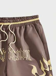 ROMWE MEN Street Life Men Fire & Letter Graphic Drawstring Waist Shorts, School - Brown - View 4