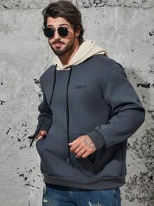 Manfinity Homme Hombres talla grande Capucha con bordado de letra con bolsillo de canguro con cordón - Gris - Ver 4