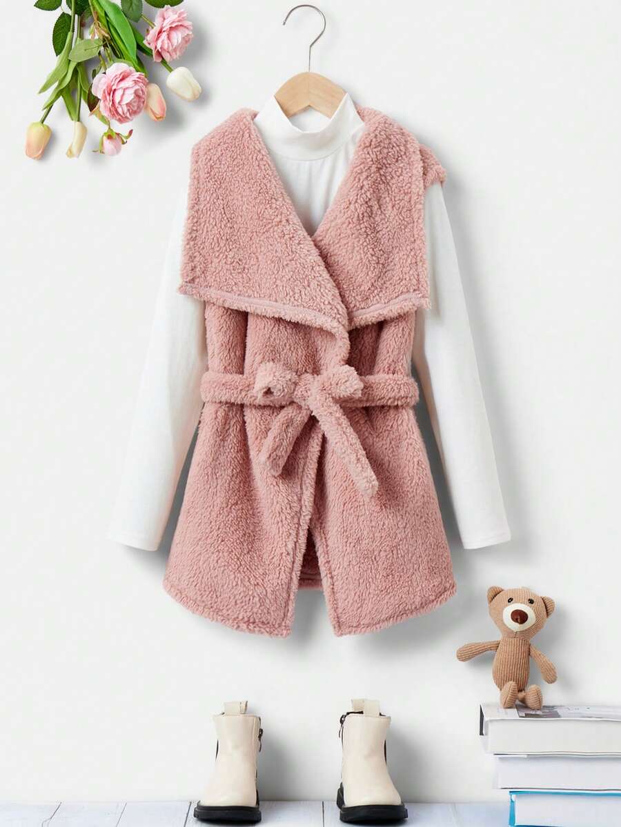 Niñas 1 pieza Abrigo chaleco de cuello cascada con cinturón teddy - Rosa - Ver 1