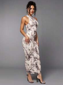 Silquee Tie Dye & Leopard Mock Neck Bodycon Dress - Grey - View 5