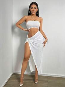 SHEIN SXY 鏤空前扭結高衩抹胸洋裝 - 白色 - 查看 4