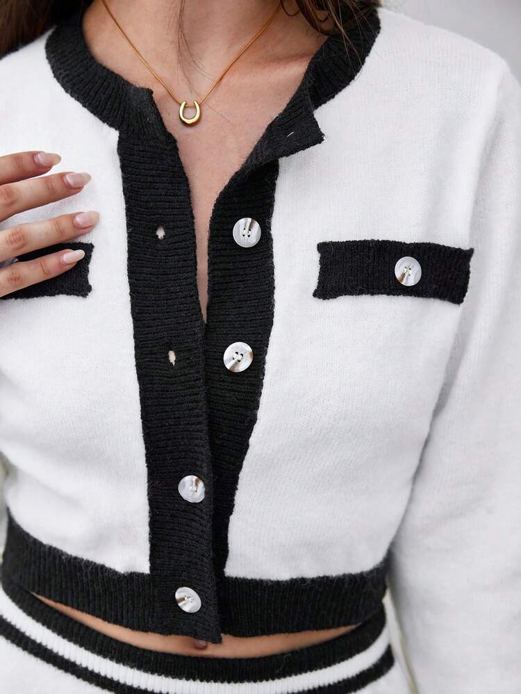Contrast Trim Cardigan & Knit Skirt
