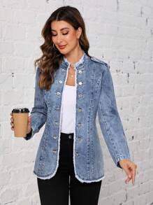 EMERY ROSE 毛邊緣前紐扣牛仔夾克