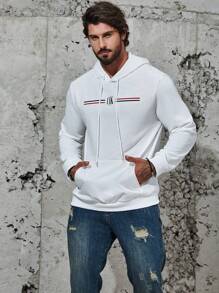 Manfinity Homme Men Plus Striped & Letter Graphic Kangaroo Pocket Drawstring Hoodie - White - View 6