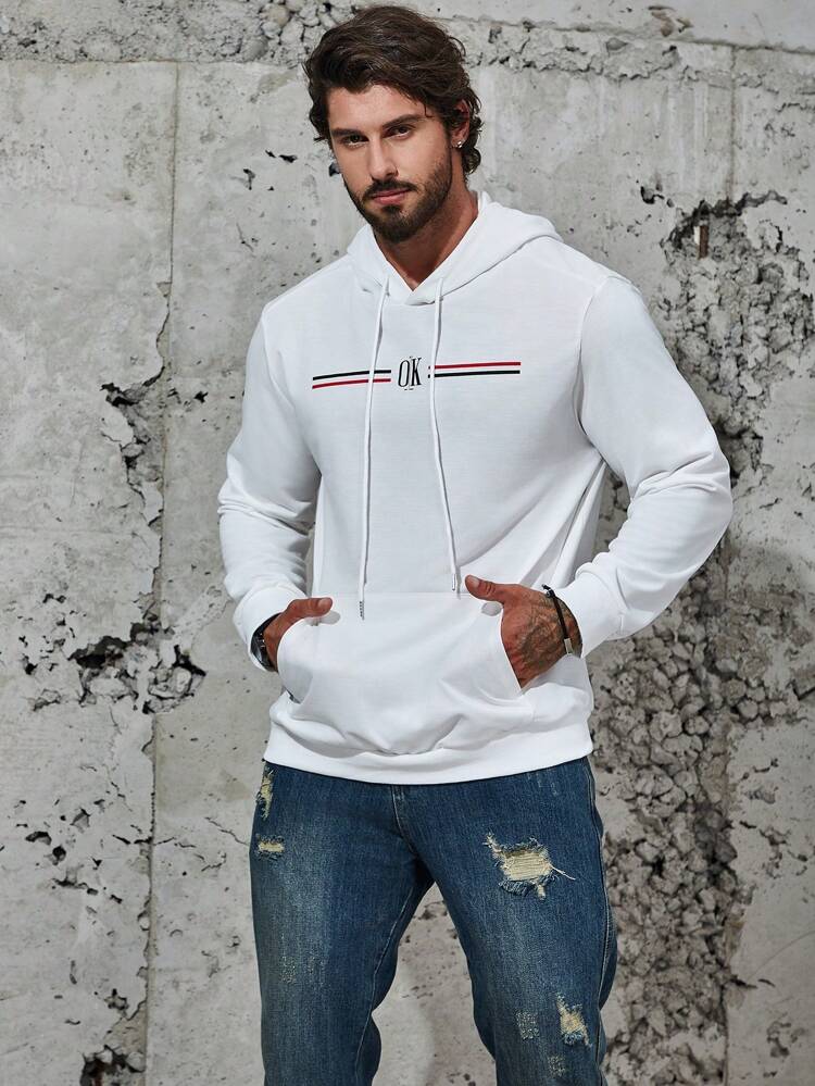 Men Plus Striped & Letter Graphic Kangaroo Pocket Drawstring Hoodie