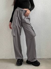 SHEIN Unity Flap Pocket Side Drawstring Waist Cargo Pants Fall Cloth For Women - Grey - View 1