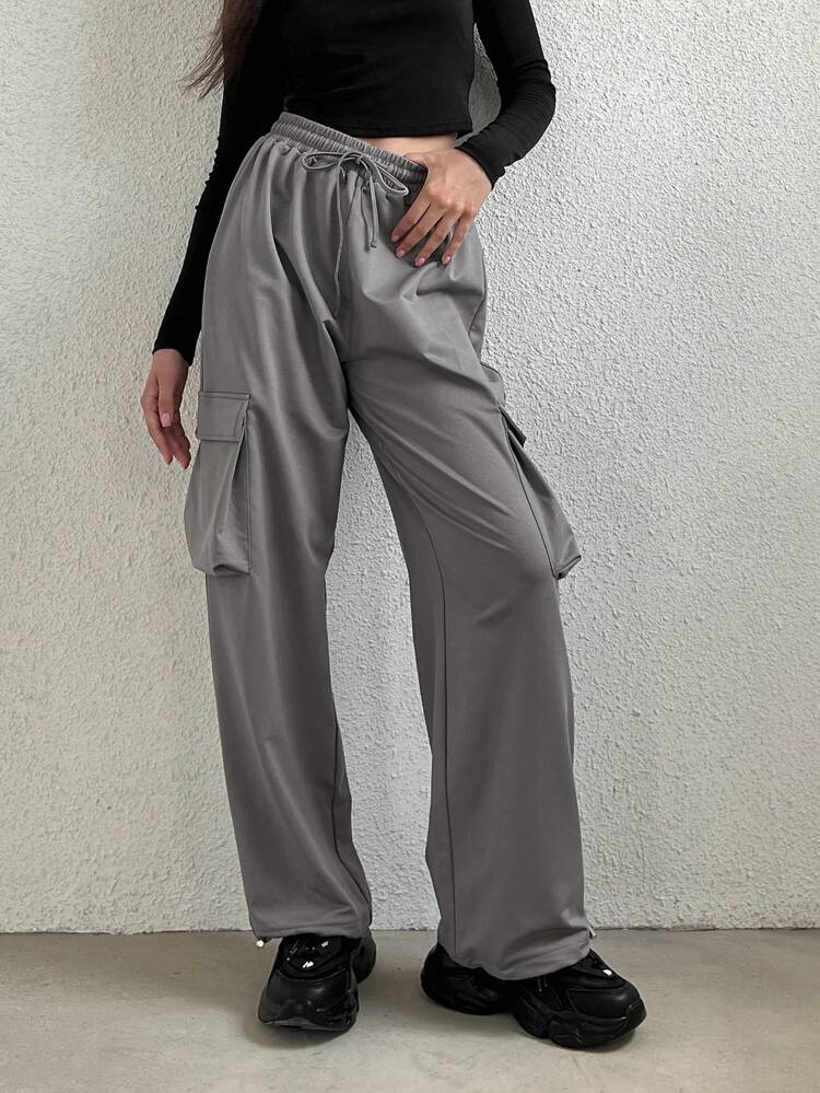 Flap Pocket Side Drawstring Waist Cargo Pants Fall Cloth For Women