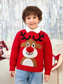 SHEIN 男童 1 件圣诞麋鹿图案毛衣
