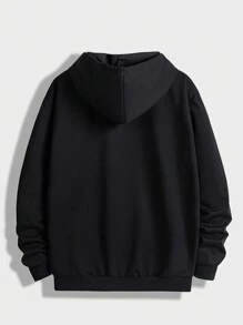 ROMWE MEN Goth 男士字母圖案拉鏈開襟抽繩連帽衫 - 黑色 - 查看 2