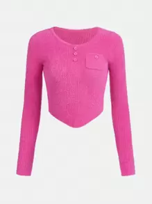 Teen Girls Button Front Curved Hem Sweater - Hot Pink - View 1