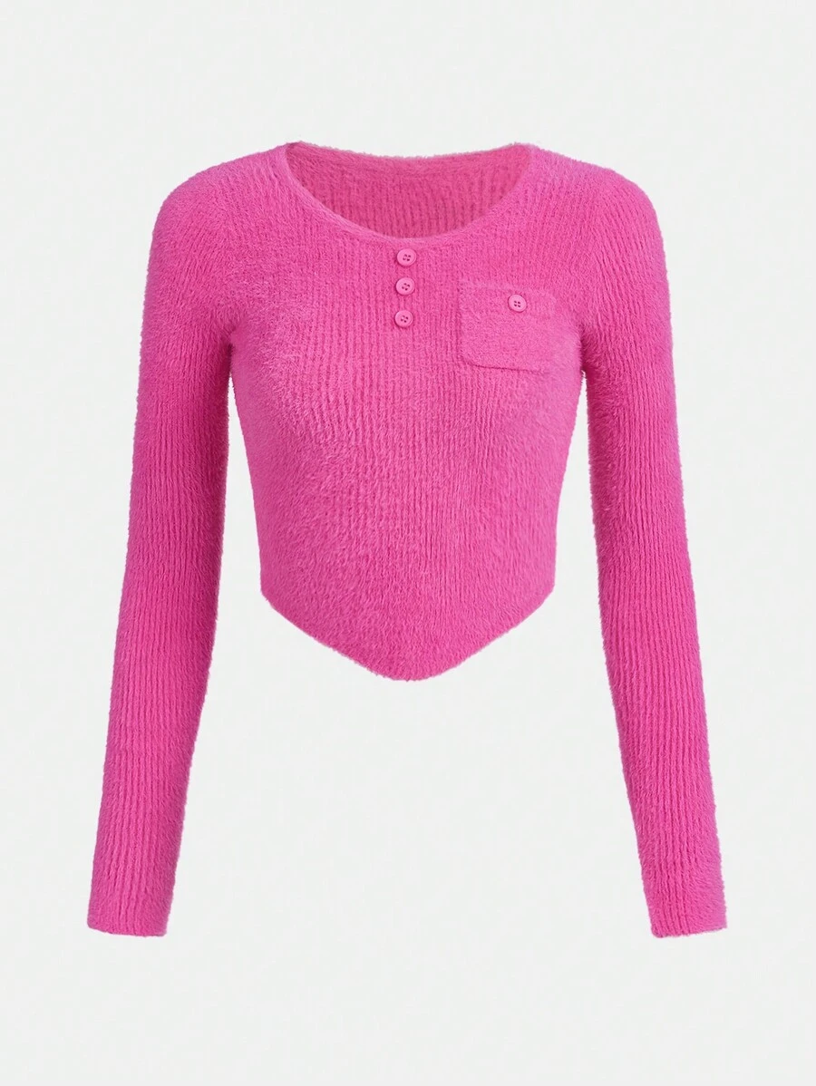 Teen Girls Button Front Curved Hem Sweater - Hot Pink - View 1