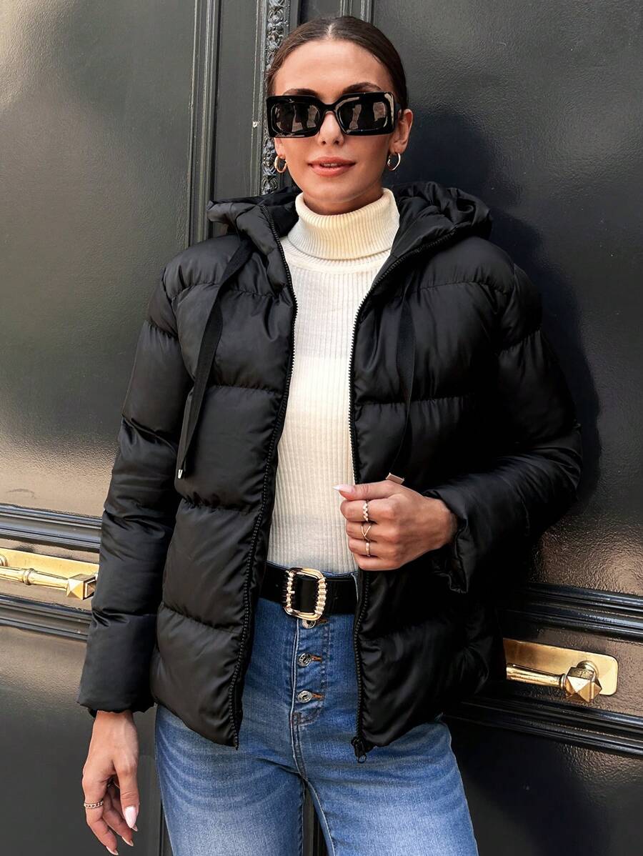 RueChic Zip Up Drawstring Hooded Puffer Coat - Black - View 1