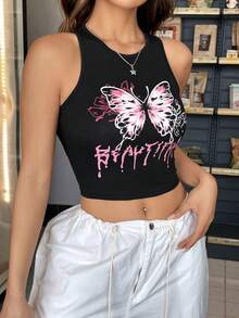 SHEIN Coolane Top tank crop con estampado de mariposa y letra - Negro - Ver 6
