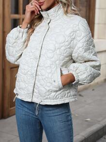 SHEIN LUNE Drawstring Hem Drop Shoulder Quilted Coat Fall Cloth For Women - Beige - View 5