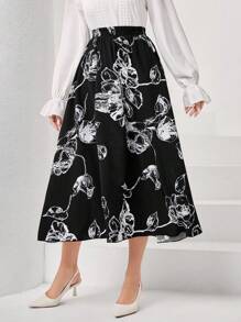 SHEIN Clasi 印花彈性腰帶半身裙 - 黑色 - 查看 5