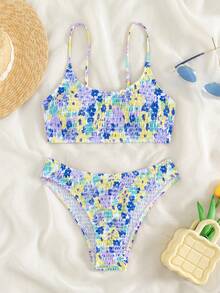 Floral Print Smocked Bikini Set - Multicolor - View 5