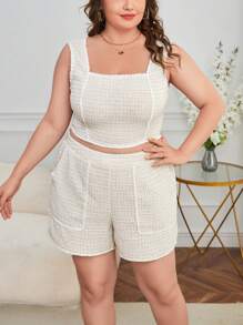 SHEIN Privé 大碼格紋印花短款背心和短褲 - 白色 - 查看 1