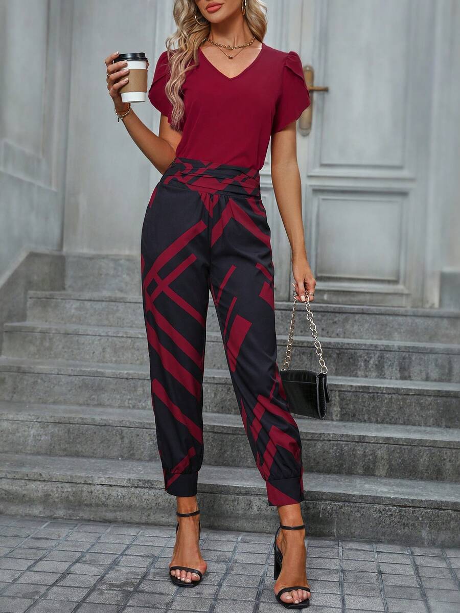 SHEIN Clasi 素色T恤&幾何印花長褲 - 酒紅色 - 查看 1