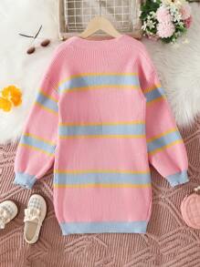 SHEIN Tween Girl Striped Pattern Drop Shoulder Duster Cardigan - Pink - View 2
