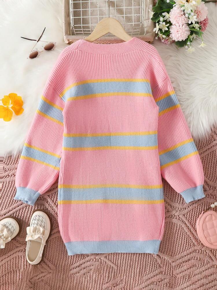 Tween Girl Striped Pattern Drop Shoulder Duster Cardigan