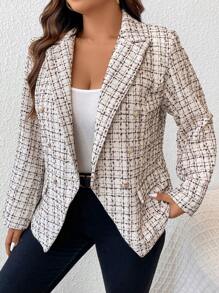 SHEIN Frenchy 大碼格紋雙排釦西裝外套 - 杏色 - 查看 4