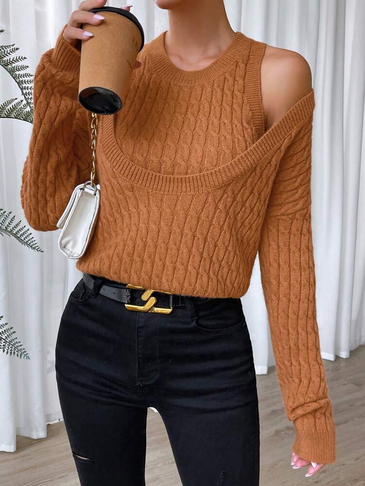 Cable Knit Drop Shoulder Knit Pullover Fall Winter Sweater