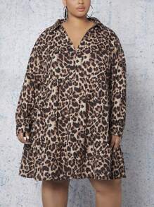 SHEIN CURVE+ Talla grande Vestido smock con estampado de leopardo de hombros caídos - Multicolor - Ver 5