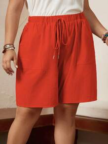 SHEIN LUNE Plus Solid Knot Waist Slant Pocket Shorts - Burnt Orange - View 6