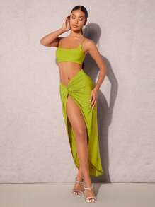 SHEIN X Jessie SHEIN BAE Solid Crop Cami Top & Twist Front Split Thigh Skirt - Lime Green - View 3