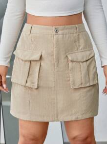 SHEIN EZwear Plus Flap Pocket Corduroy Skirt - Apricot - View 4