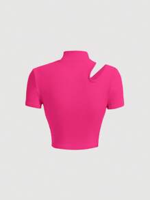 SHEIN MOD 小高領前鏤空T恤 - 玫紅色 - 查看 3