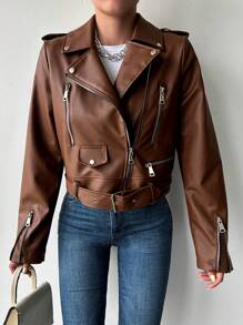 RueChic Zip Up Belted Moto Jacket - Brown - View 4