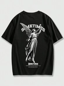 ROMWE MEN Street Life Men Slogan & Angel Graphic Tee, School - Black - View 1
