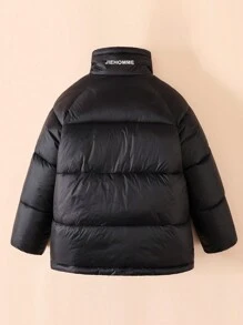 Tween Girl Letter Patched Funnel Neck Padded Coat - Black - View 2