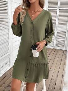 SHEIN LUNE Vestido smock unicolor con botón delantero bajo con fruncido - Verde militar - Ver 3