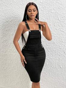 SHEIN SXY 翻蓋口袋牛仔背帶裙不附抹胸 - 黑色 - 查看 1