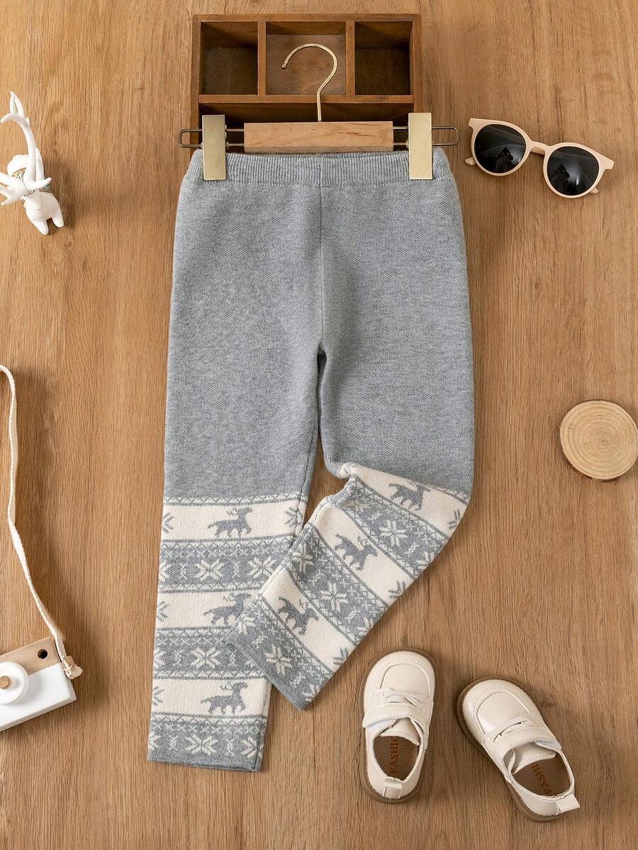 SHEIN Young Girl Geo Pattern Knit Pants - Light Grey - View 1