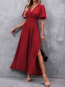EMERY ROSE Butterfly Sleeve Split Thigh Dress Burgundy Maxi Women Outfit - Burgundy - View 4