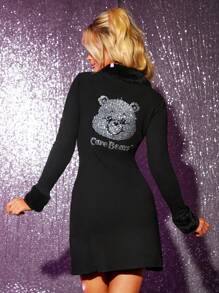 SHEIN X Care Bears 鑽石字母和卡通圖案貼身連衣裙 - 黑色 - 查看 1