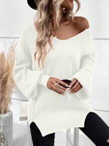 SHEIN LUNE 素色落肩袖下擺開叉套頭毛衣 - 白色 - 查看 4