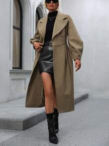 SHEIN Clasi 西裝領落肩袖雙排釦花呢外套 - 卡其色 - 查看 5