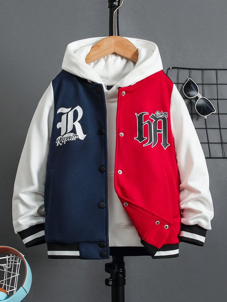 Tween Boy 1pc Letter Graphic Two Tone Varsity Jacket - Multicolor - View 1