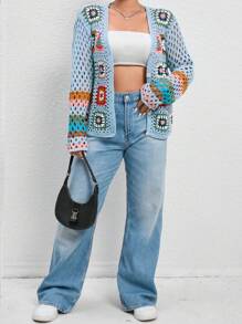 SHEIN EZwear Plus Floral Crochet Insert Open Knit Drop Shoulder Cardigan - Blue - View 3