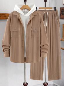 Manfinity Homme Áo sơ mi và quần có túi nắp cho nam - Màu Khaki - Xem 3