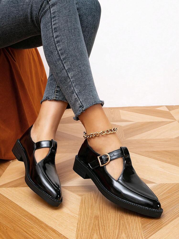 2025 Outono Plataforma Plana Feminina Bico Quadrado Slip-On Brogues Oxford, Retro Mary Jane Salto Médio Preto Sapatos Sociais, Estilo Britânico Salto Grosso - Preto - Visão 2