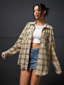 SWAVVY 1 Miếng Lỏng lẻo phù hợp In kẻ sọc Túi có nắp Thả vai Áo khoác kiểu sơ mi - Nhiều màu - Xem 6