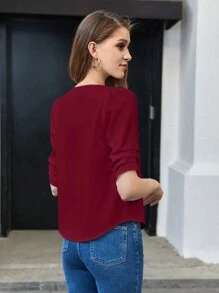 BizChic Blusa corta a maniche corte plissettata, colletto a risvolto, in colore rosso tinta unita, per donna, casual