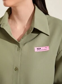 Mulvari Áo sơ mi nữ Đắp vá Túi Nút phía trước Lá thư Giải trí - Màu xanh Ô liu - Xem 6
