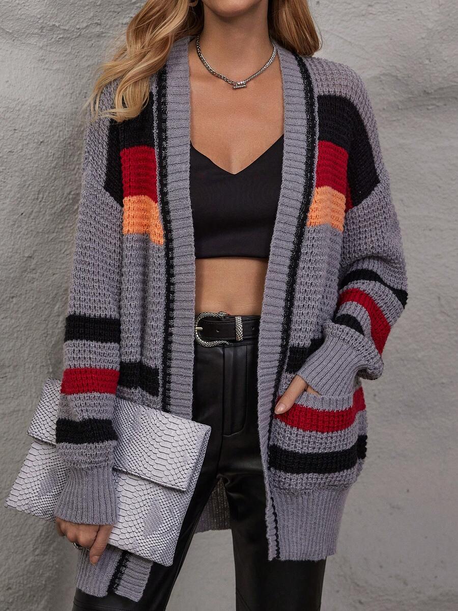 SHEIN LUNE 拼色双口袋落肩开衫 - 彩色 - 查看 1