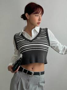 DAZY Chaleco de punto con estampado de rayas sin blusa, top corto de mujer para otoño